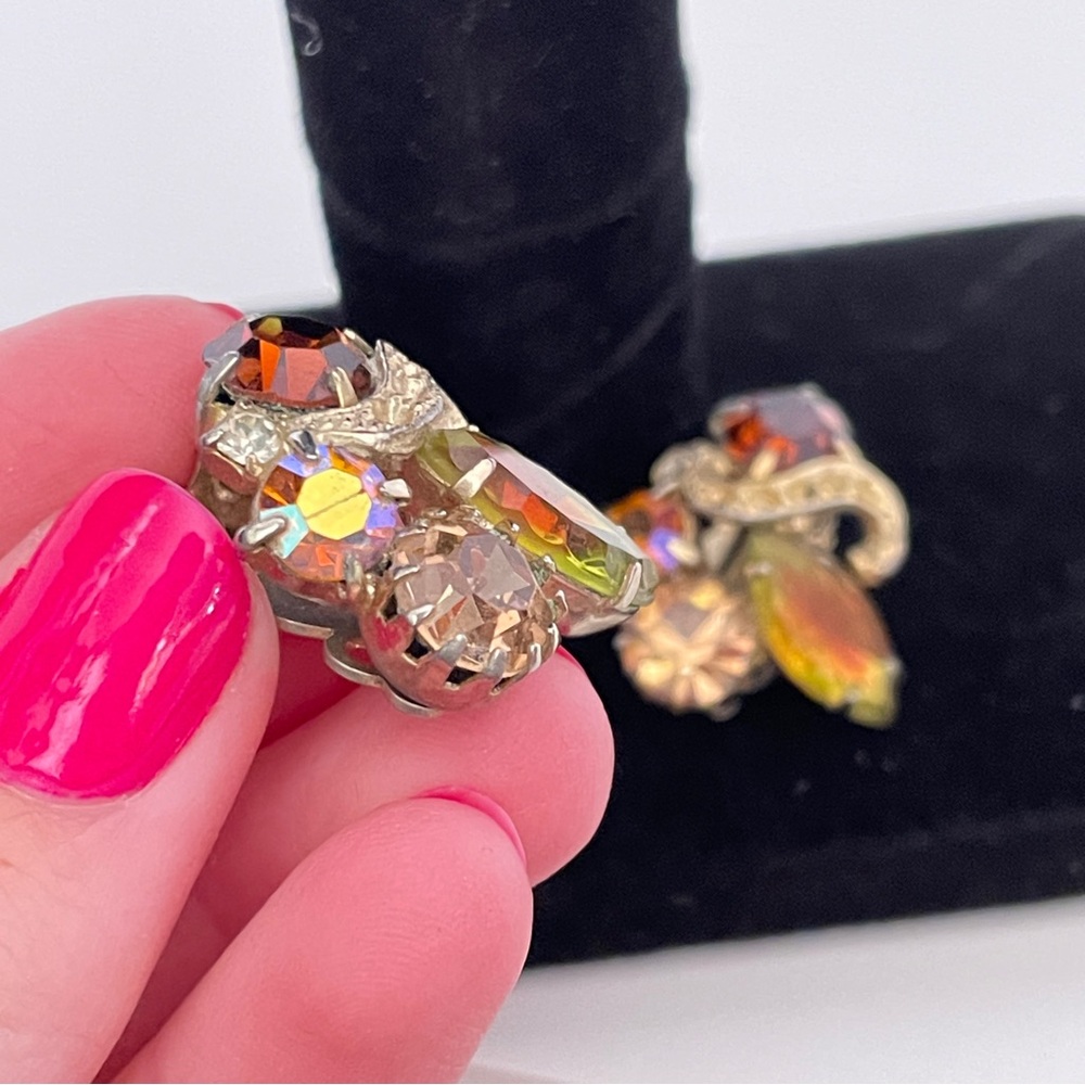 Vintage Amber Colored Rhinestone Fall Autumn Whimsical Fairy Wedding Earrings - Picture 2 of 9